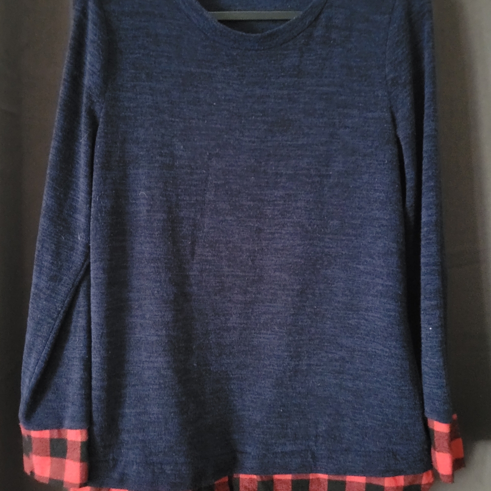 Navy Blue Sweater with Red Plaid Trim